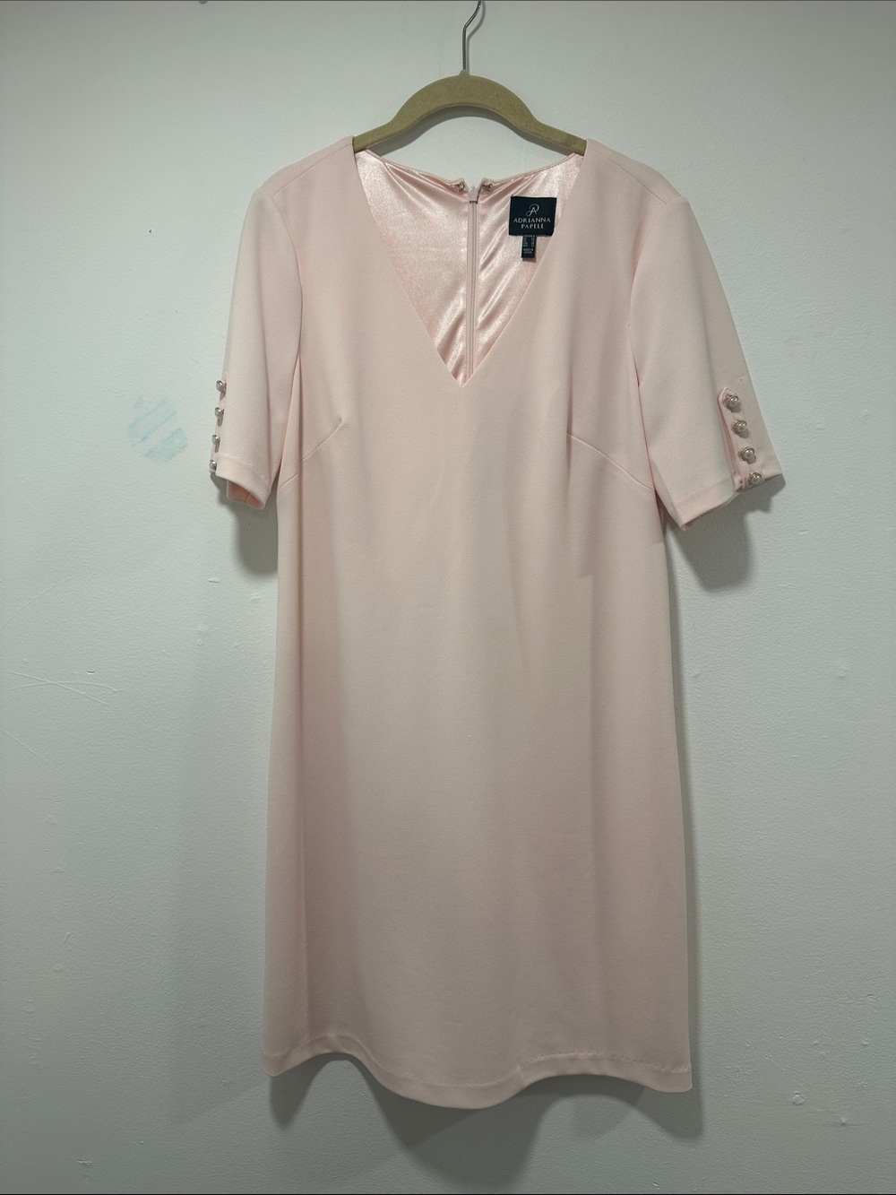 Adrianna Papell Light Pink Shift Dress with Pearl Button Sleeves 055